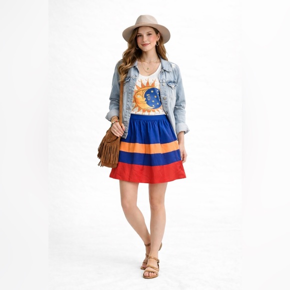 J. CREW Women 100% Silk A-Line Mini Skirt preppy. Colorblock Blue Orange Sz 8 - Picture 2 of 11